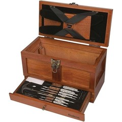 Universal 25pc Wood Gun Cleaning Tool Kit Aged Oak Brass Rods Brushes Mops New
