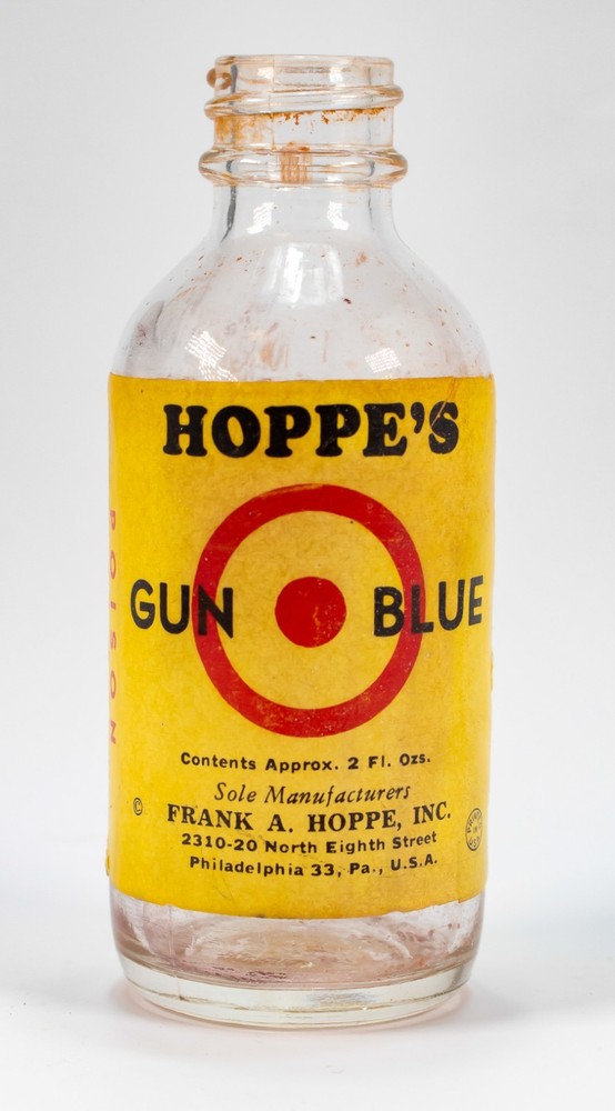 Vintage Gun Cleaning Bottle Hoppe’s Gun Blue Rare Bullseye Logo 1945-55