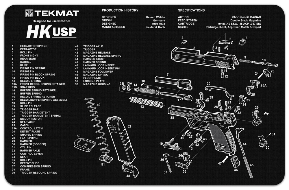 Illustrated Gun Cleaning and Repair Mat for Heckler & Koch (HK), Neoprene Rubber