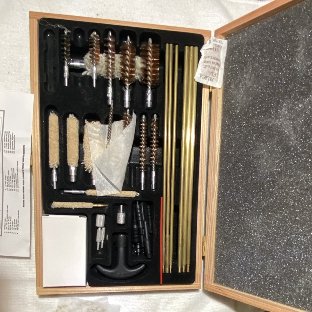 Gun Cleaning Kit Wooden Case Brass Rods Brushes Bore Mop Cloth Jag Set