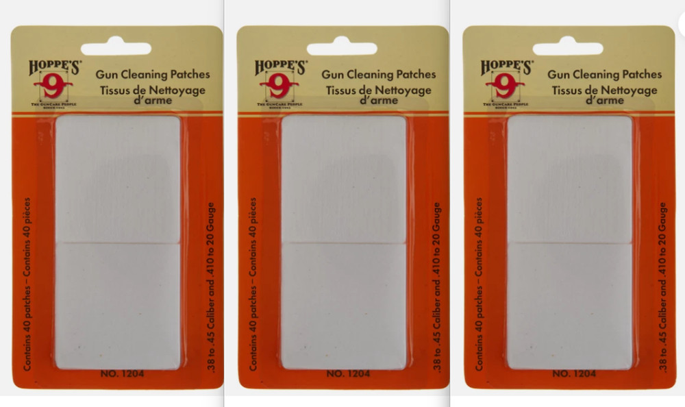 Hoppe’s 1204 Cotton Gun Cleaning Patches For .38-.45 Cal & .410-20 Ga (40ct 3Pk)