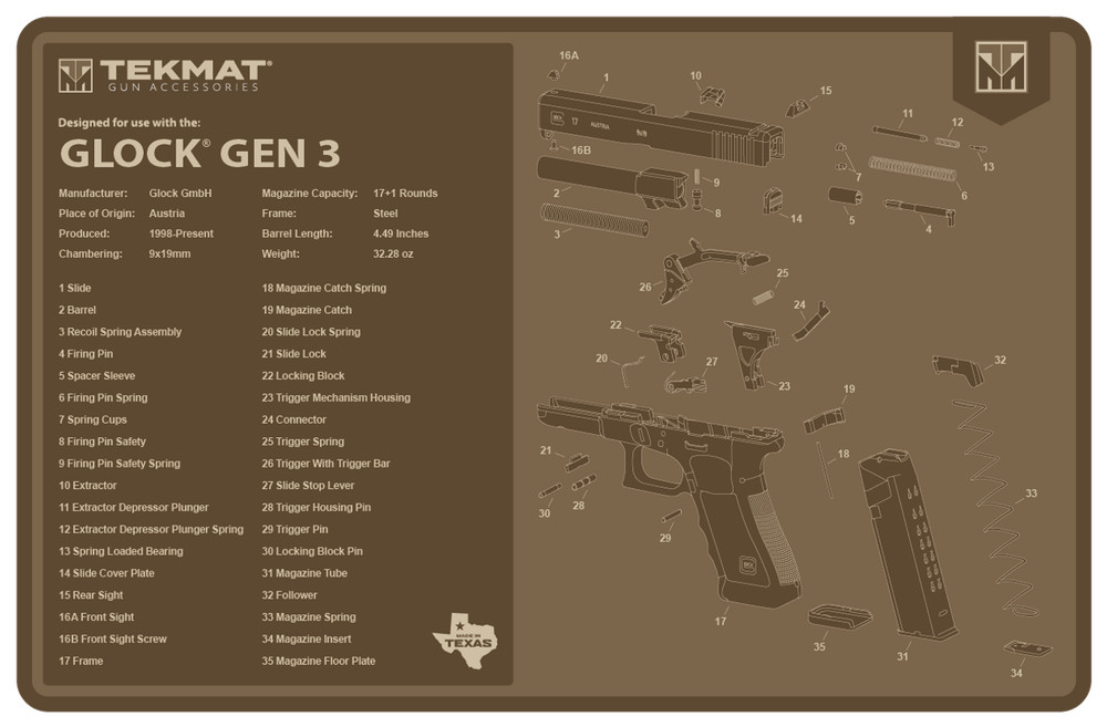 TekMat TEKR17GLOCKG3FDE Glk Gen 3 Cleaning Mat Flat Dark Earth Rubber 11″x17″ Gl