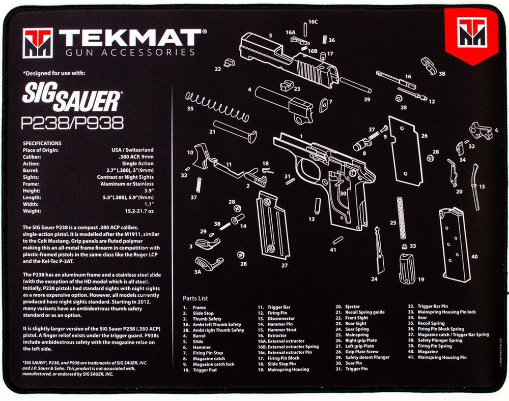 TekMat Ultra 20 Premium 15″X20″ – 1/4″ Thick Handgun Cleaning Mat Sig Sauer