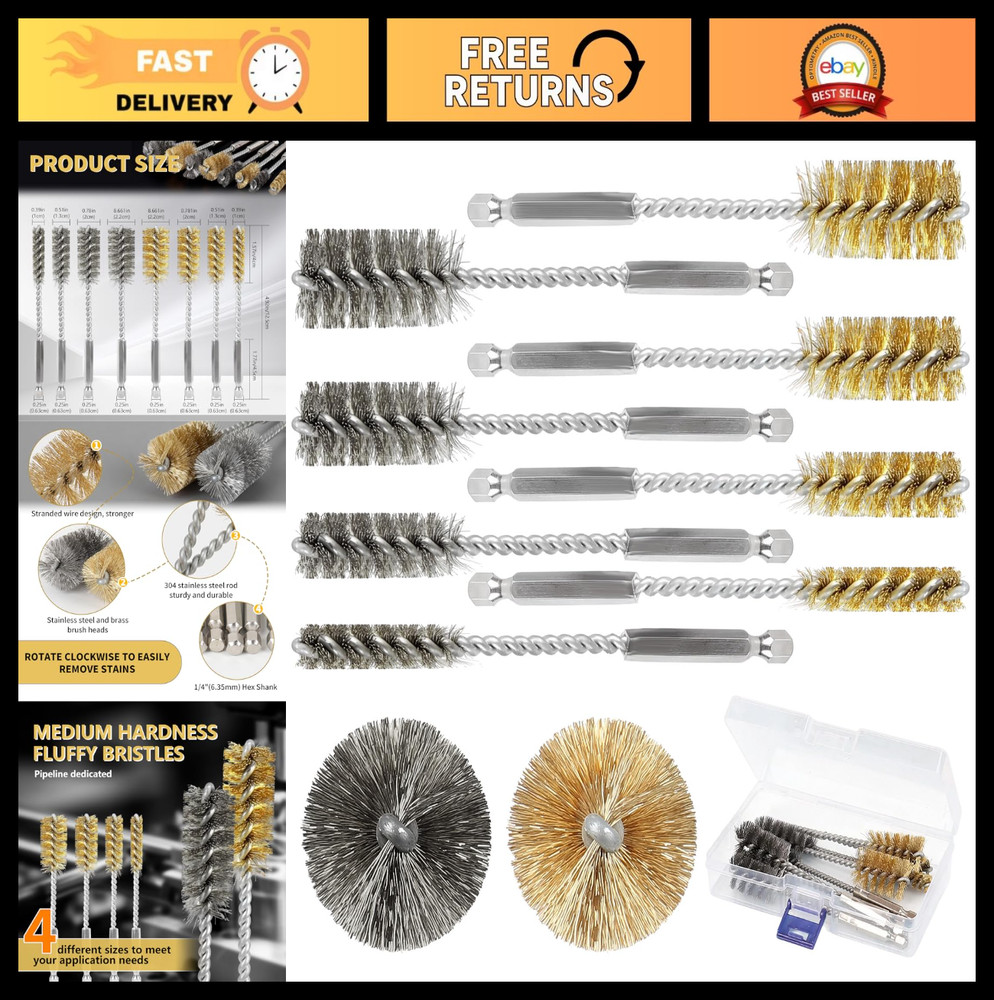 8 Pcs Bore Brush Set – Stainless Steel & Brass Wire Brushes for Deep Cleaning, F