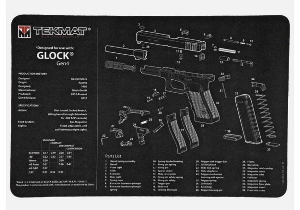 TekMat Pistol Mat For Glock Gen 4, 11″x17″, Black