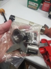 box of gun supplies breech lock challenger press, Die sets, powder trickler,