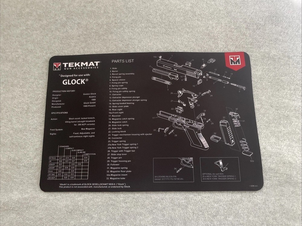 TEKMAT GUN CLEANING MAT GLOCK GMBH PISTOL PARTS SCHEMATIC DIAGRAM 11″x17″ NEW