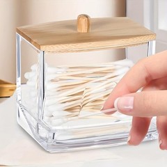 Clear Cotton Swab Storage Box with Bamboo Lid Makeup Swabs Toothpick Organizer