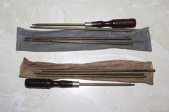 AS FOUND, PAIR OF WOODEN HANDLE BRASS RIFLE CLEANING RODS WITH CLOTH BAGS 34″
