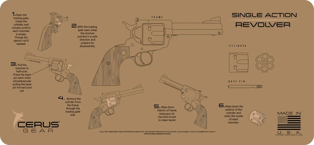 SINGLE ACTION REVOLVER Instructional Jumbo 12″ X 27″ Gun Mat FDE