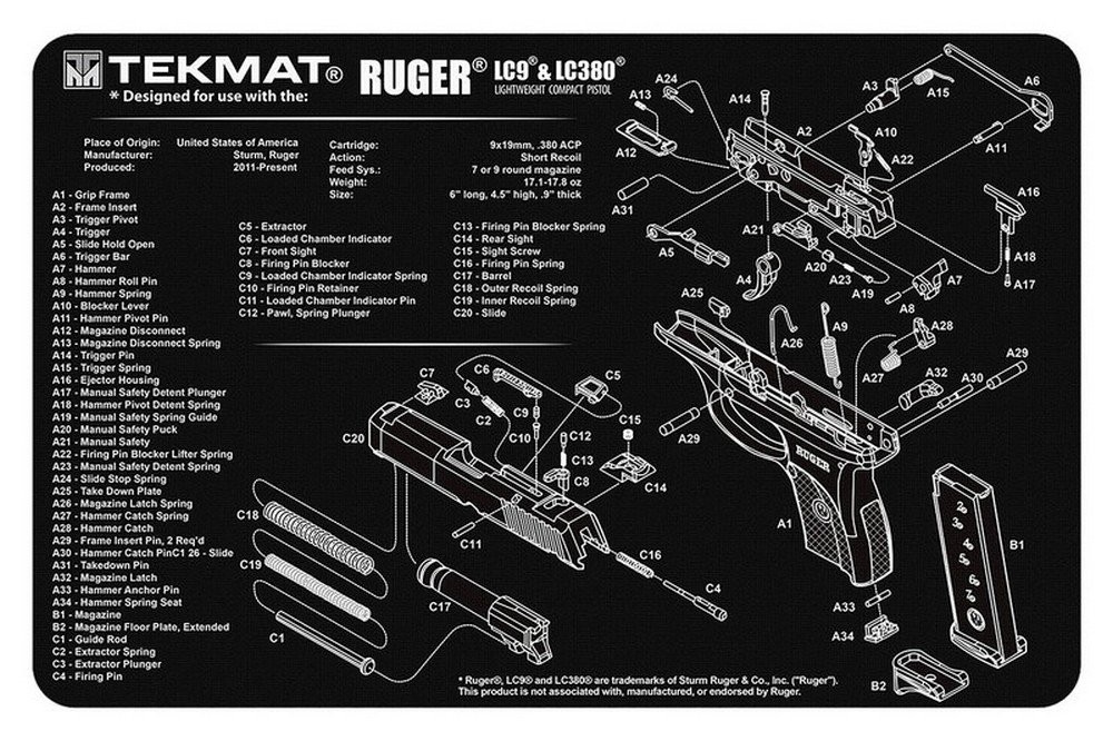 TekMat Gun Cleaning Mat – 17″ X 11″ Neoprene – Ruger LC9 – TEKR17RUGERLC9