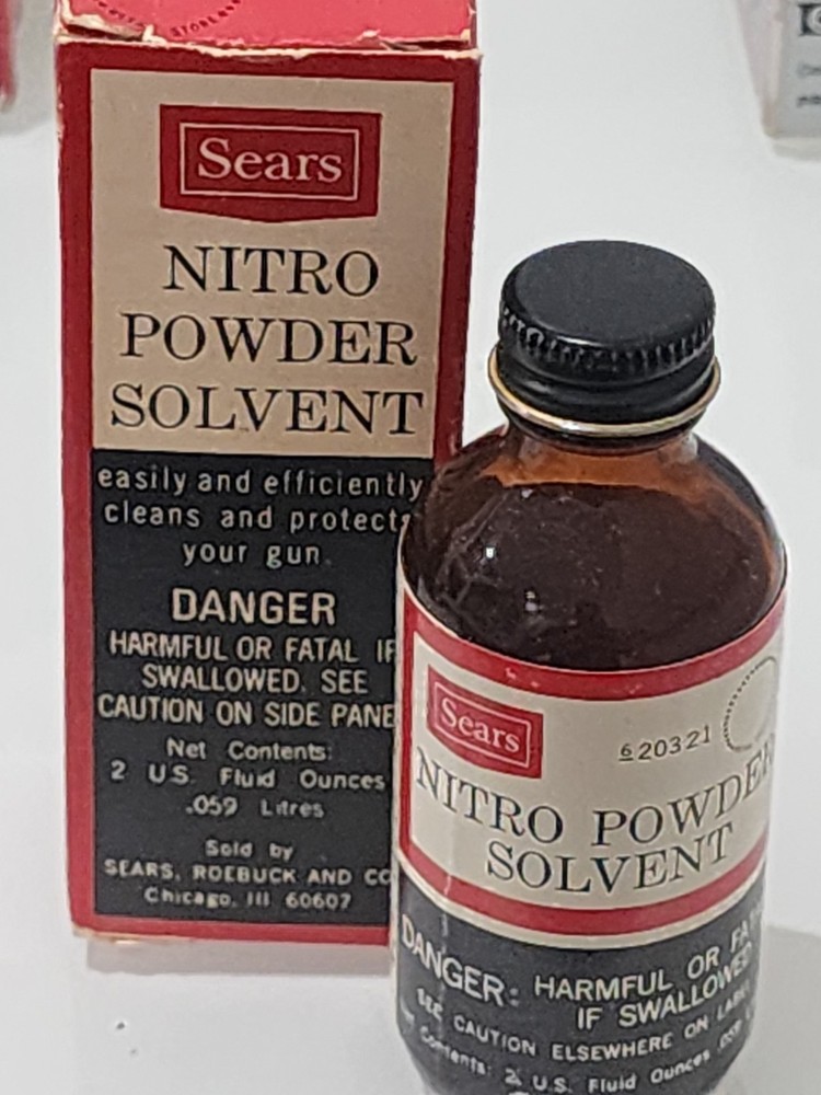 Vintage Sears Nitro Powder Solvent 2oz Bottle w/ Box Gun Cleaning USA