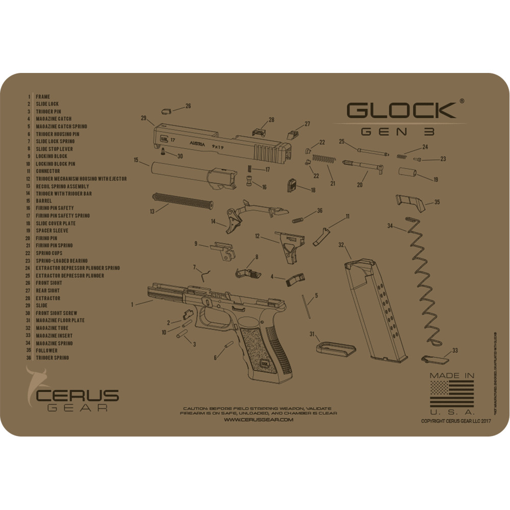 For GEN 3 GLOCK Cerus Gear BENCH MAT 17 19 20 21 22 23 26 27 34 35 FDE