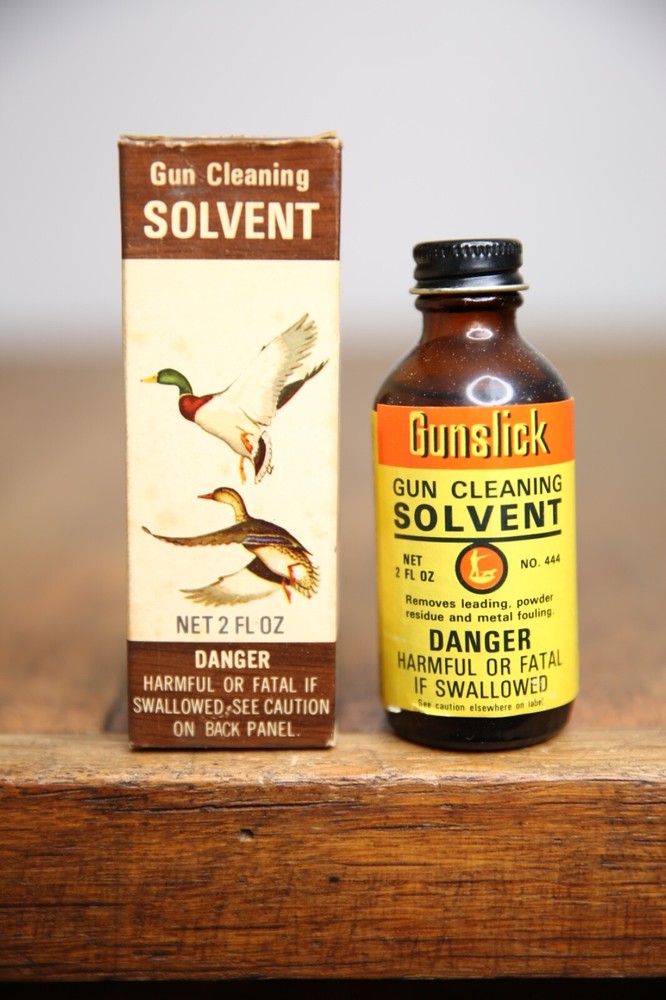 Vintage Outers Gunslick Gun Cleaning Solvent glass bottle duck hunting box NOS