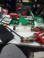box of gun supplies breech lock challenger press, Die sets, powder trickler,