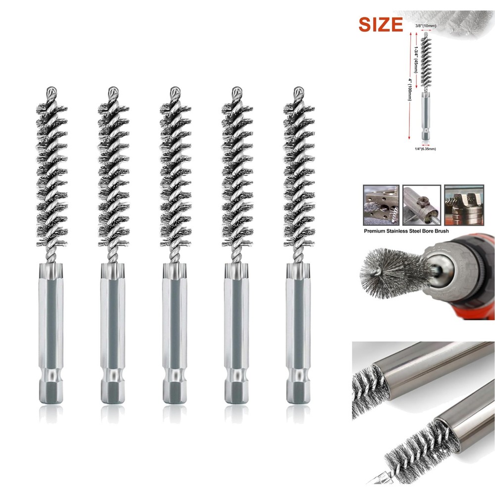 5Pcs 3/8″ Stainless Steel Bore Brush Set – 1/4″ Hex Shank Wire Cleaning Brushes