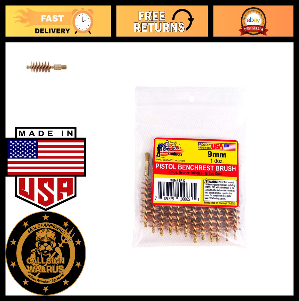 9mm Pistol Brass Bore Brushes – 12 Pack, Bronze Bristles for Gun Cleaning & Main