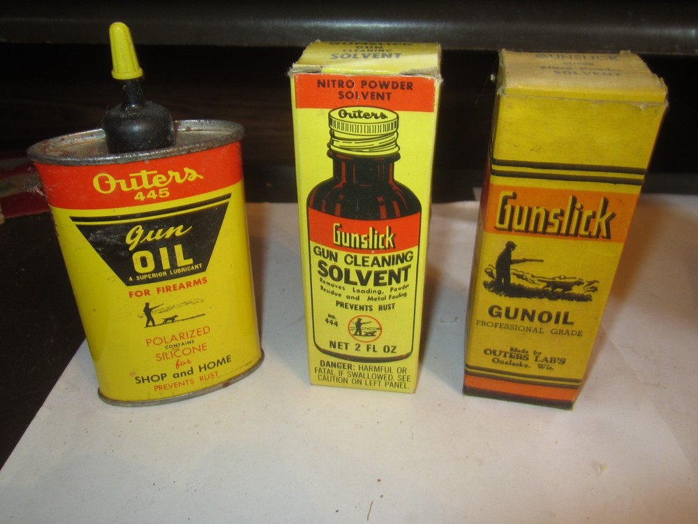 Vintage Outers 445 Gun Handy Oiler Oil Can Cleaning Solvent AND GUN OIL BOTTLE
