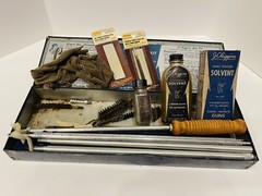 Vintage JC Higgins Gun Cleaning Kit Metal Case Sears Roebuck Bluer Solvent