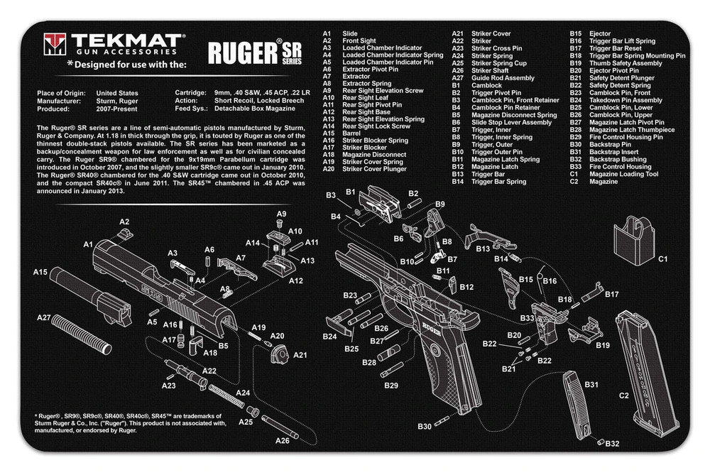 TekMat Handgun Cleaning Mat Ruger SR9 (SR40)