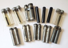 Lot Of 12 Military Metal Plastic Oil Bottles some have bore brushes