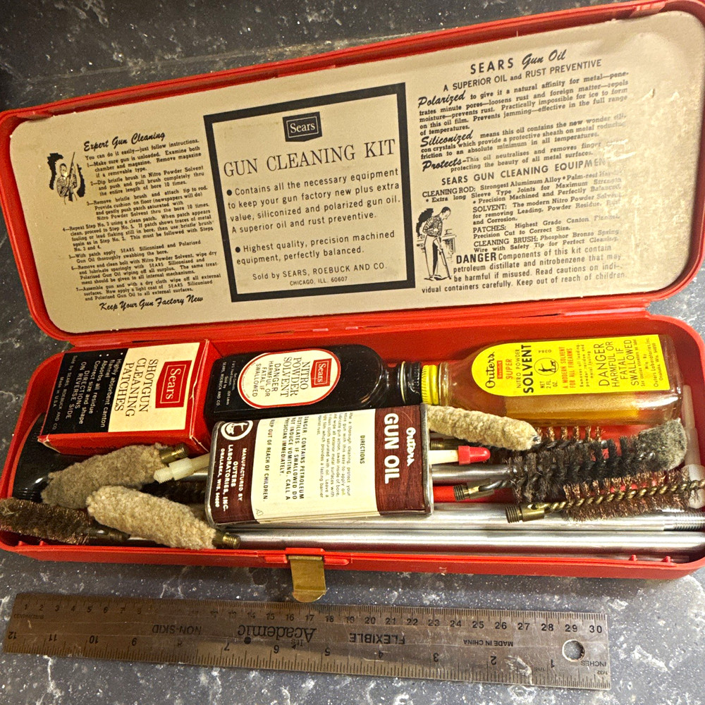 Sears 20-28 GA Gun Cleaning Kit Red Metal Case w/ Rod, Brushes, Oil Vintage