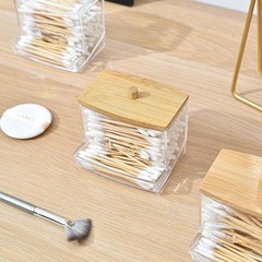 Clear Cotton Swab Storage Box with Bamboo Lid Makeup Swabs Toothpick Organizer