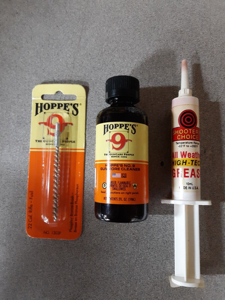 Hoppes NO. 9 Solvent & 1303P 22 Caliber Bronze Brush Plus Shooters Choice Grease