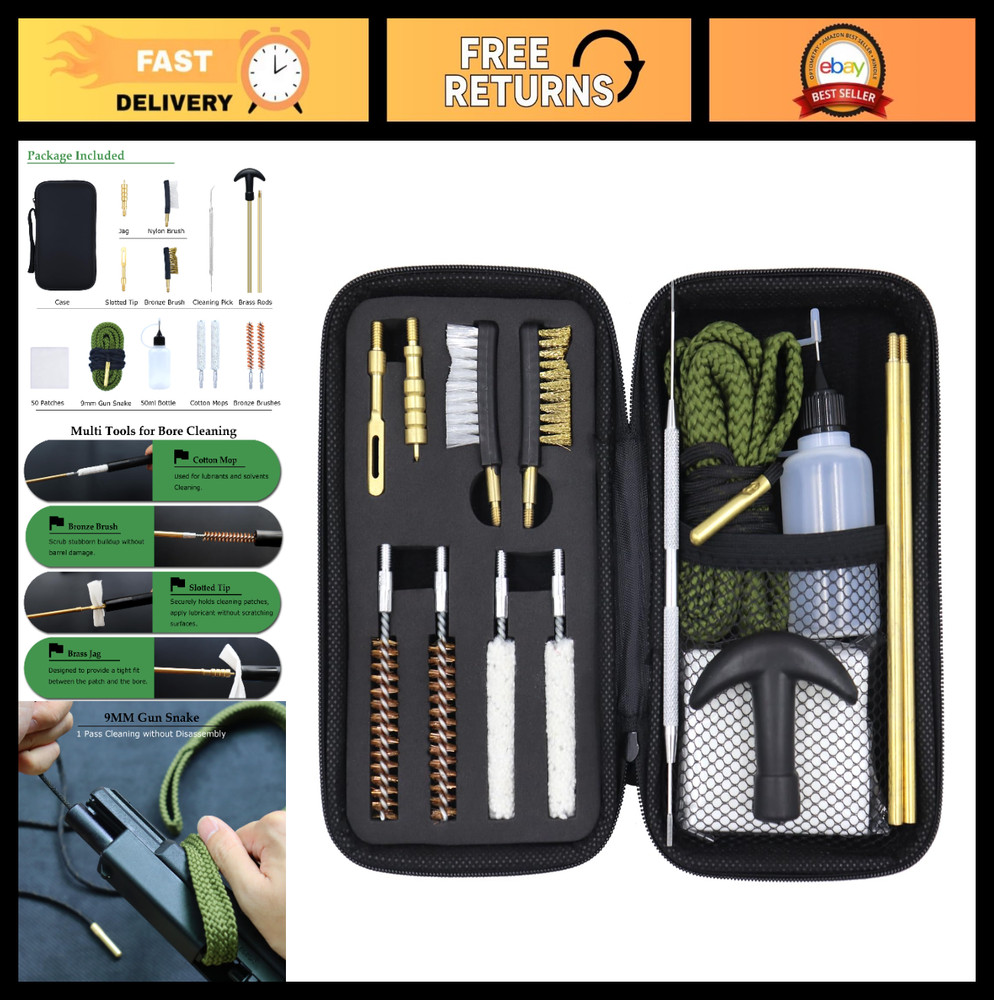 Tactical 9mm Handgun Cleaning Kit with MOLLE Pouch – Includes Gun Snake, Brush &