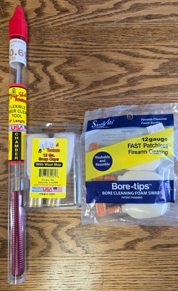 12ga Cleaning Kit Combo – bore tips, snap caps w/ wool mop, cleaning rod