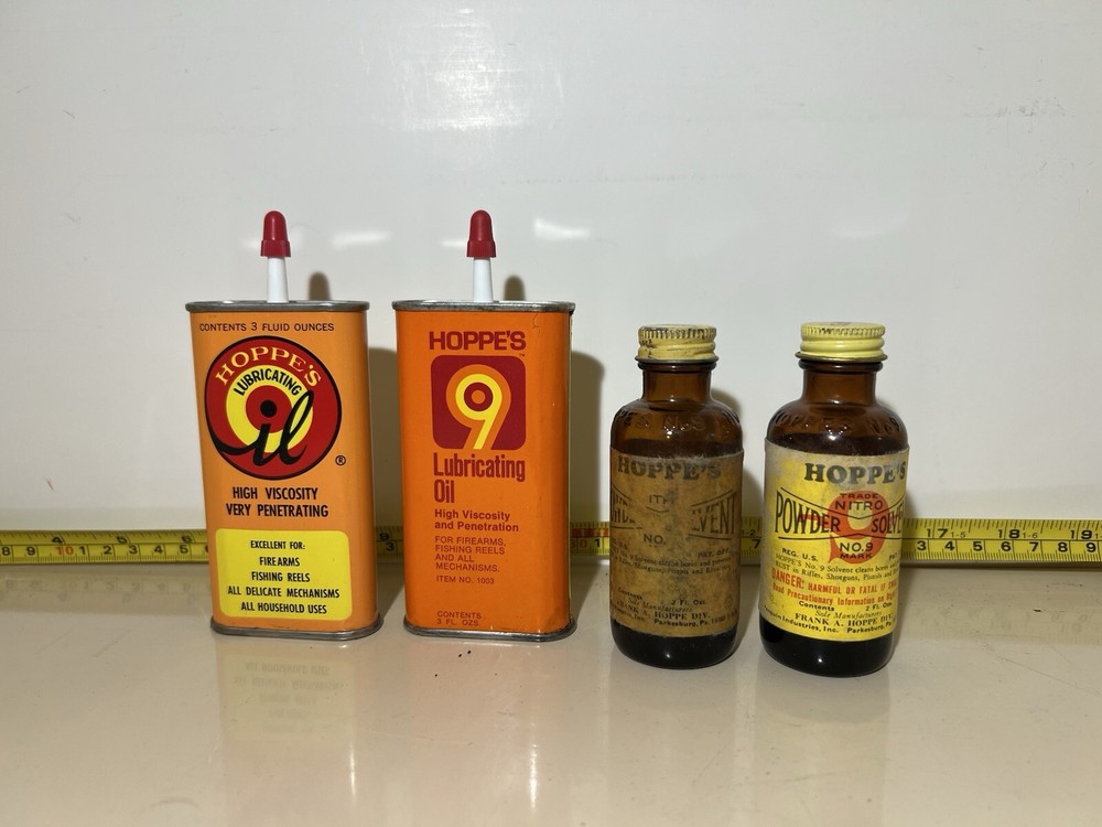 Vintage Hoppe’s Lubricating Oil 3 oz & No. 9 Nitro Powder Solvent 2oz Glass
