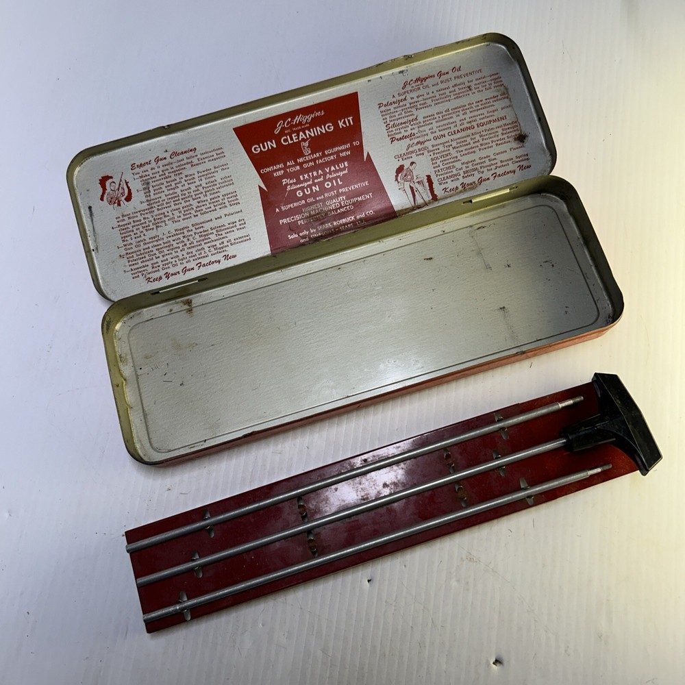 Vintage JC Higgins rifle Gun Cleaning Kit Sears Roebuck No. 2142 Red Case