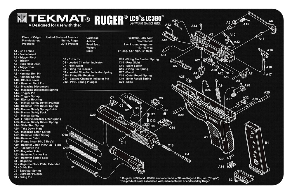 TekMat TEKR17RUGERLC9 Ruger LC9 Cleaning Mat Black/White Rubber 11″x17″ Ruger LC