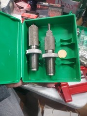 box of gun supplies breech lock challenger press, Die sets, powder trickler,
