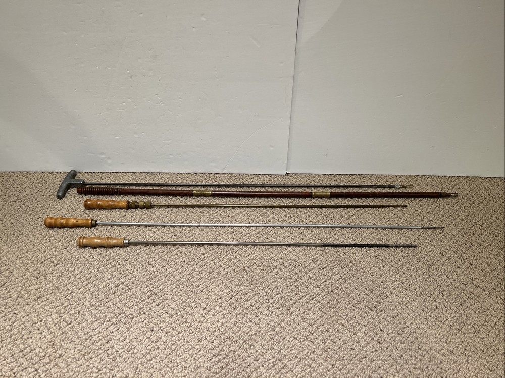 Lot Of 5 Gun Shotgun Wooden Handled Brass Steel Long Cleaning Rods