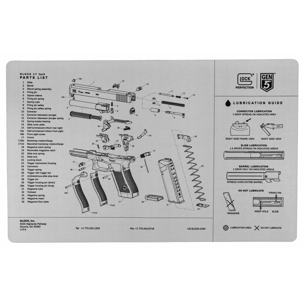 Glock OEM AS10064 Gen5 Pistol Exploded Diagram Bench Mat, 11″ x 17″, Gray