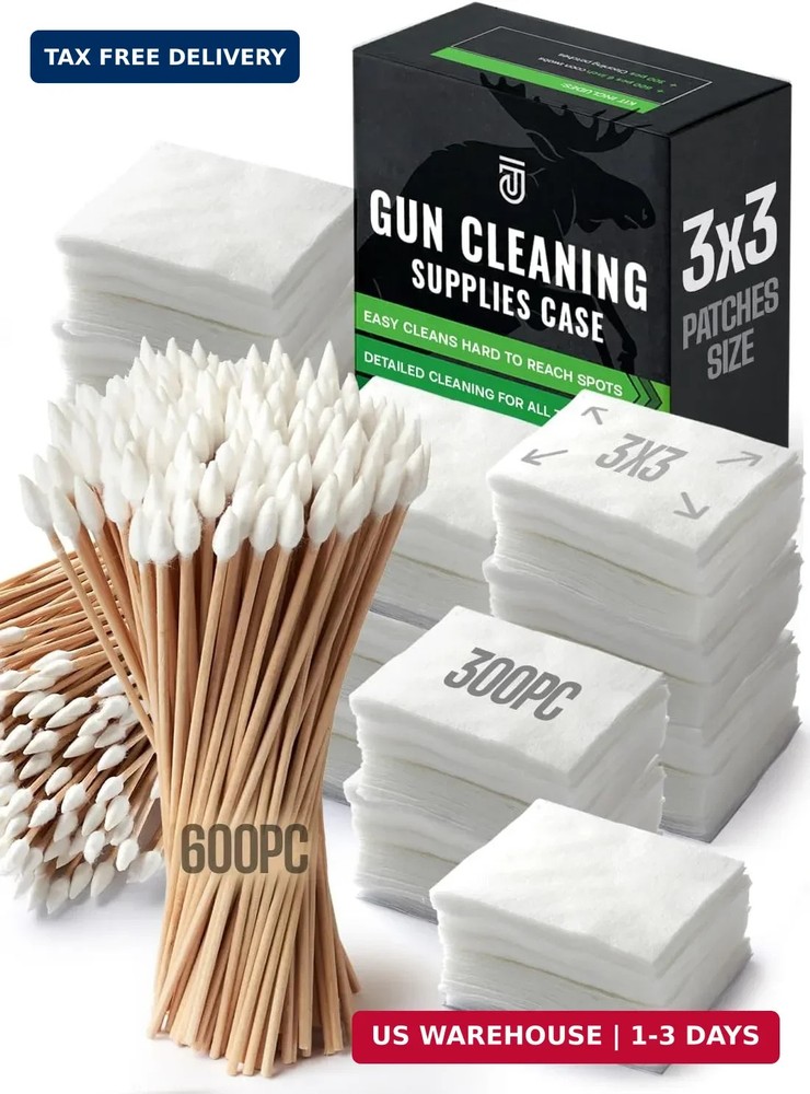 900pc Gun Cleaning Supplies Case – 300pcs Patches & 600pcs Swabs – 6-inch Lint F