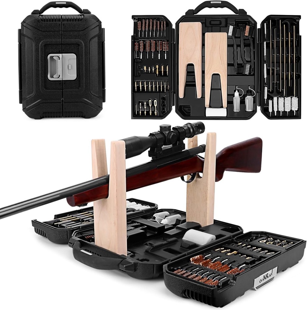 Universal firearm cleaning kit, complete with a brasscleaningrodandcleaningstand