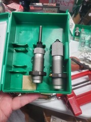 box of gun supplies breech lock challenger press, Die sets, powder trickler,