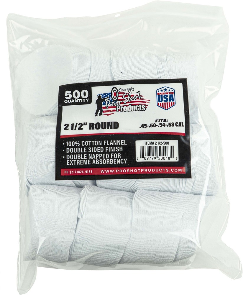 Pro-Shot Cotton Flannel Patches .45-.58 Caliber 2.5 Inch Round 500 Per: 21/2-500