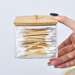 Clear Cotton Swab Storage Box with Bamboo Lid Makeup Swabs Toothpick Organizer