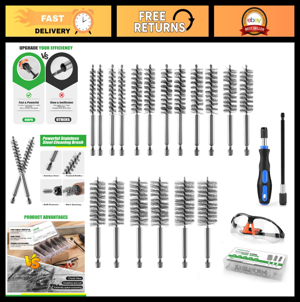 21Pcs Stainless Steel Bore Brush Set, 9 Sizes for Drill, Pipe & Engine Cleaning