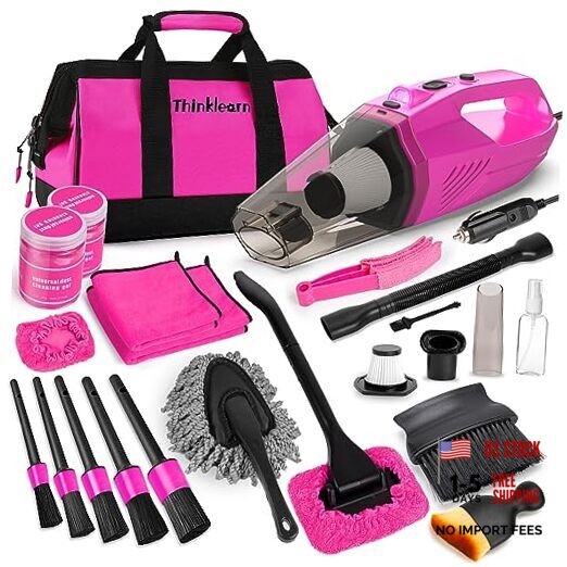 Car Cleaning Kit, Car Vacuum Detailing Kit Interior with High Power Pink