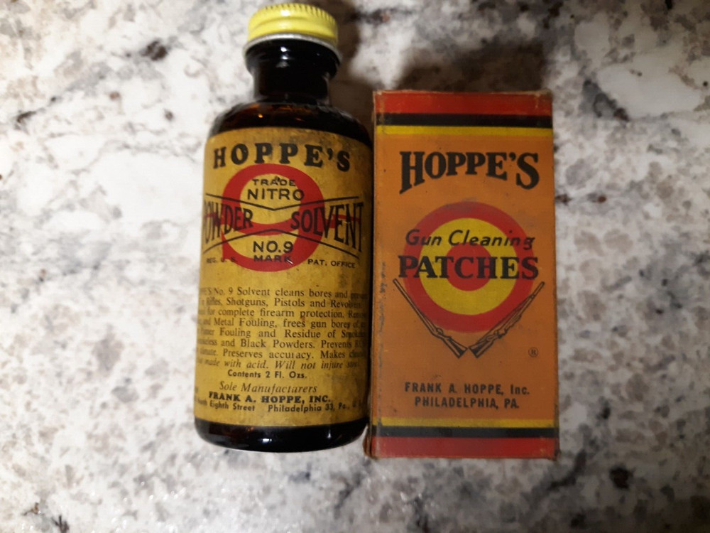 Vintage Hoppes Full Solvent Bottle & Box and No.2 Patches Box .22-.270 Caliber