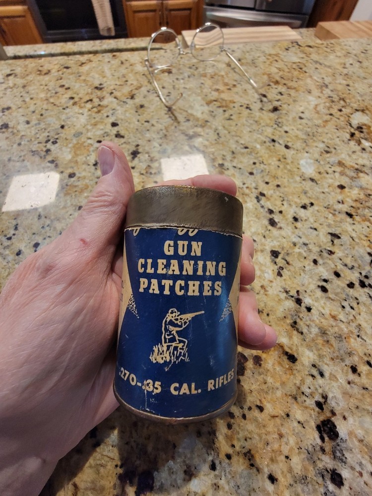 JC Higgins Gun Cleaning Container Few Patches .270 – 35 Cal #631