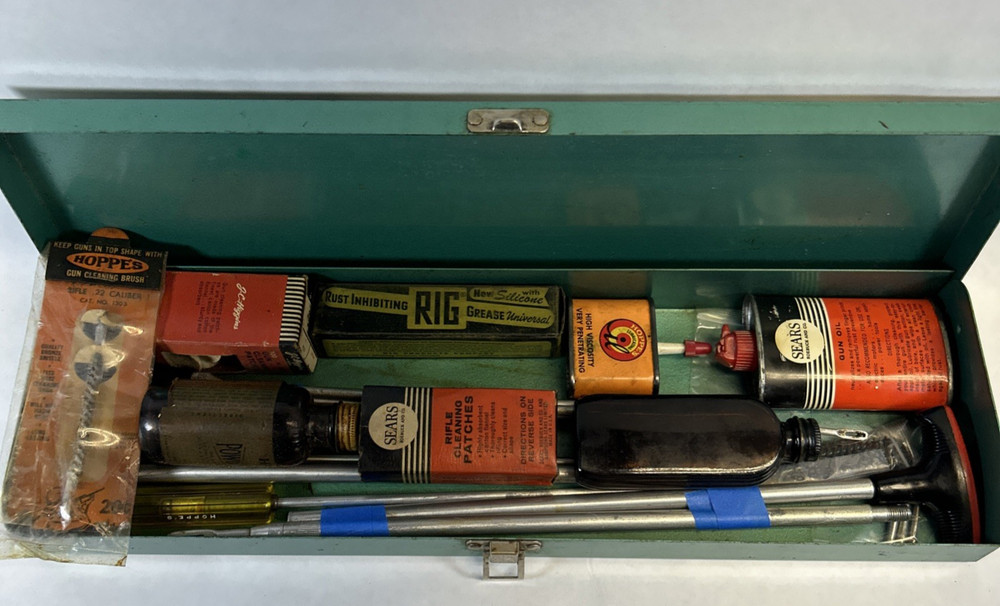 Vintage Challenger Gun Cleaning Case, Sears Oil, Patches, Grease, Bores, Brushes
