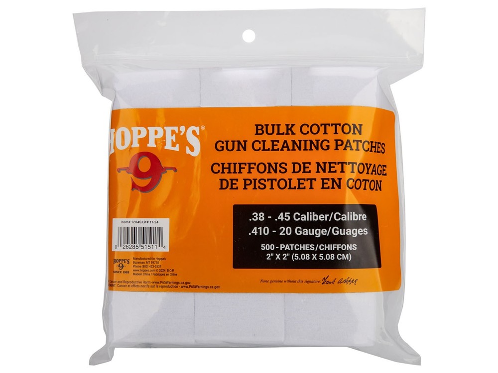 Hoppe’s Bulk Cotton Gun Cleaning Patches, .38 – .45 Cal, .410 – 20 Gauge, 500ct