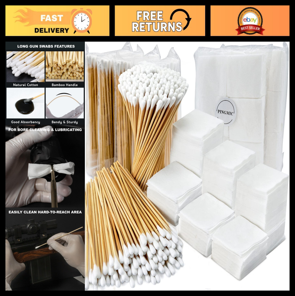 Gun Cleaning Kit – 6″ Cotton Swabs & 2″x2″ Lint-Free Patches, 1200/600 PCS, Abso