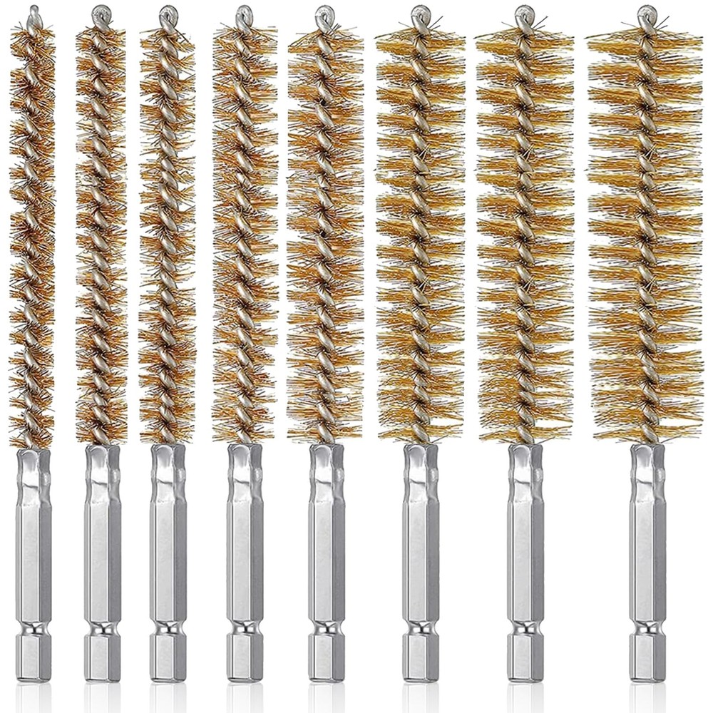 8 Pcs Brass Bore Brush Bristles Cleaning Brush with 1/4 Inch Hex Shank