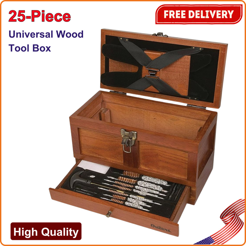 Outers Wooden Chest Cleaning Tool Kit, 25 PCS Universal Gun Care Wood Tool Box